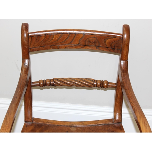 83 - Antique elbow chair with twisted back stretcher, believed to be elm or oak, approx 51cm wide x 84cm ... 