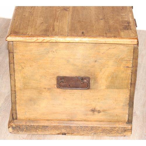 92 - A 19th century pine blanket box or chest with iron handles, approx 88cm wide x 45cm deep x 42cm tall