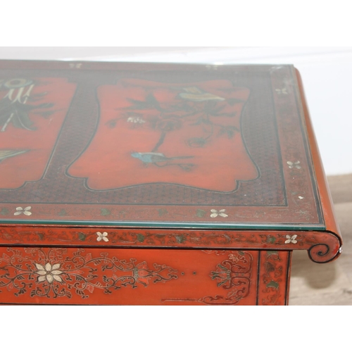 98 - A Chinese Red Lacquer Dwarf Cabinet, 20th century, the whole painted with figures and landscapes, ea... 