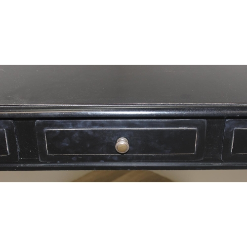 117 - A vintage black painted hall table with 3 drawers, approx 136cm wide x 45cm deep x 73cm tall