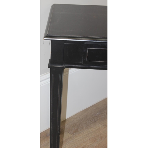 117 - A vintage black painted hall table with 3 drawers, approx 136cm wide x 45cm deep x 73cm tall