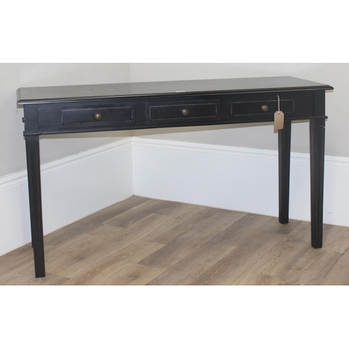 117 - A vintage black painted hall table with 3 drawers, approx 136cm wide x 45cm deep x 73cm tall