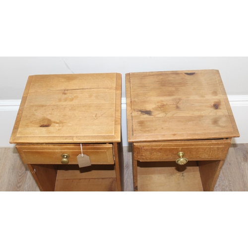 124 - A matched pair of pine bedside tables with single drawers, each approx 36cm wide x 31cm deep x 61cm ... 