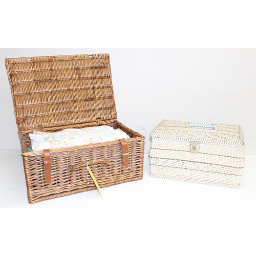 209 - A vintage Fortnum & Mason wicker hamper with a large qty of designer fabric to interior and a vintag... 