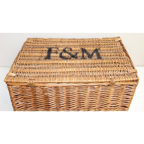 209 - A vintage Fortnum & Mason wicker hamper with a large qty of designer fabric to interior and a vintag... 