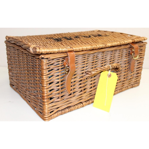 209 - A vintage Fortnum & Mason wicker hamper with a large qty of designer fabric to interior and a vintag... 