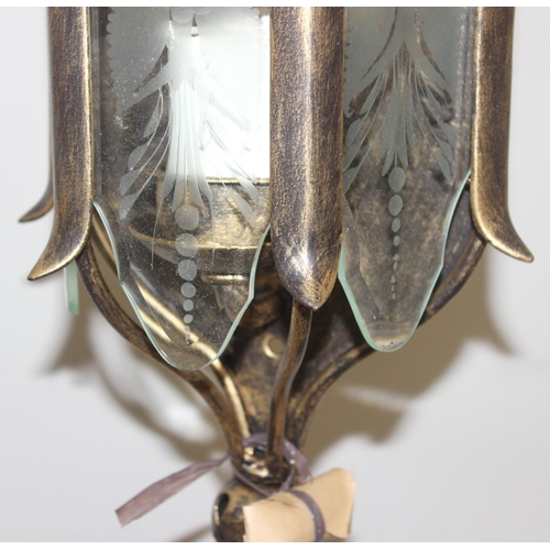 246 - An antique style brass hall lantern with curved glass panels and a distressed metal and etched glass... 