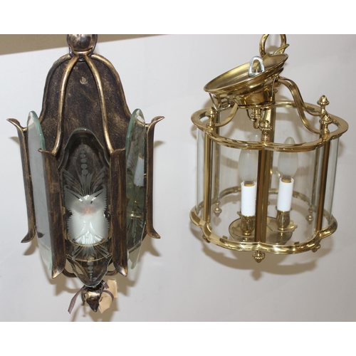 246 - An antique style brass hall lantern with curved glass panels and a distressed metal and etched glass... 