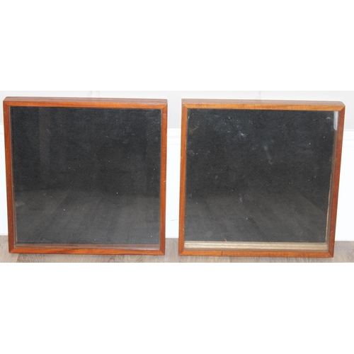 280 - A pair of glazed wooden display cases, each approx 45cm square x 5cm deep, ideal for antiques fairs