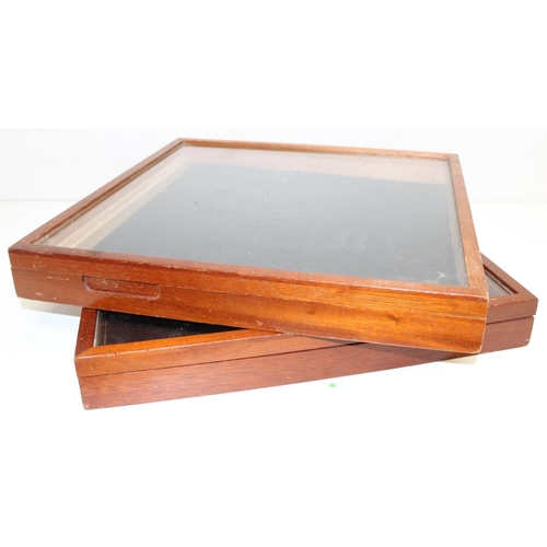 280 - A pair of glazed wooden display cases, each approx 45cm square x 5cm deep, ideal for antiques fairs