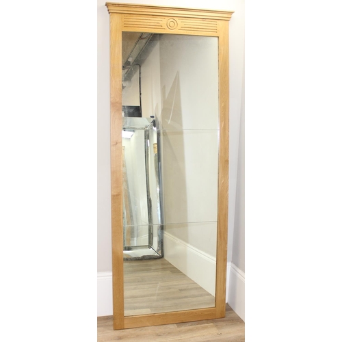 369 - A large light oak framed wall mirror, approx 230cm x 87cm