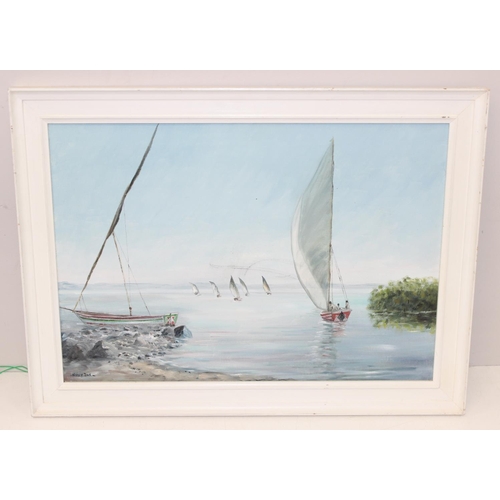 384 - Nancy Dod (XX-XXI), oil on board entitled Lake Victoria, depicting boats at sail, signed and labelle... 