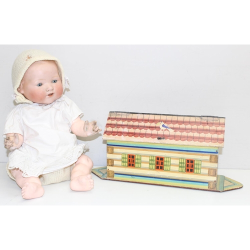 627 - Vintage Armand Marseille doll model number 351/8K and a wooden Noah's Ark with wooden animals