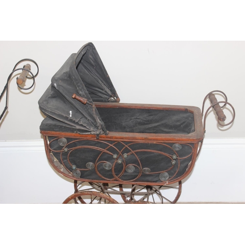 136 - 2 antique style prams, one fabric and wirework, the other wicker on metal frame, the largest approx ... 