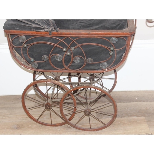 136 - 2 antique style prams, one fabric and wirework, the other wicker on metal frame, the largest approx ... 