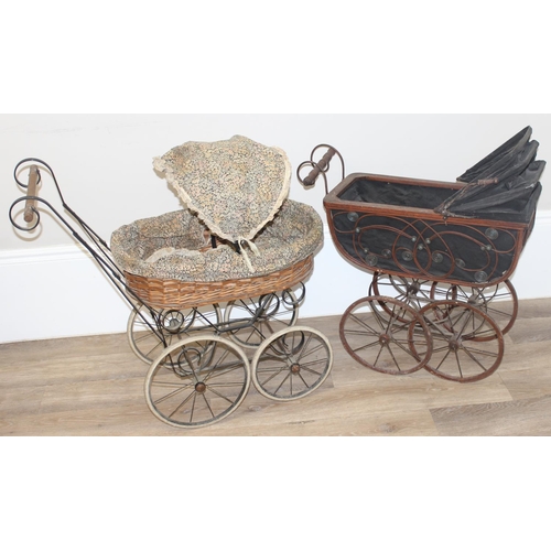 136 - 2 antique style prams, one fabric and wirework, the other wicker on metal frame, the largest approx ... 