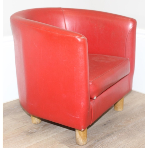 145 - A miniature child's red tub chair and a home made oak topped stool, the tub chair approx 49cm tall