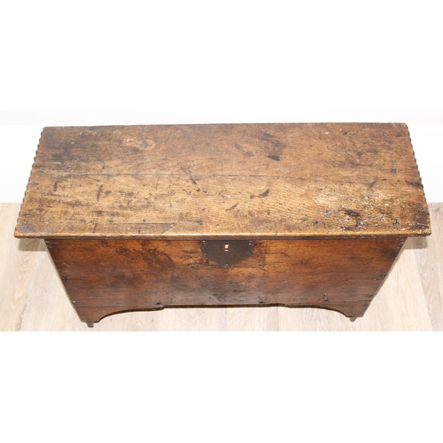 157 - An 18th century 6 plank oak coffer of unusual small proportions, approx 91cm wide x 32cm deep x 55cm... 