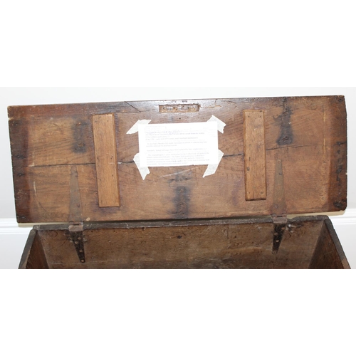 157 - An 18th century 6 plank oak coffer of unusual small proportions, approx 91cm wide x 32cm deep x 55cm... 