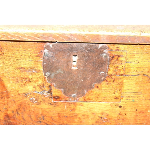 157 - An 18th century 6 plank oak coffer of unusual small proportions, approx 91cm wide x 32cm deep x 55cm... 