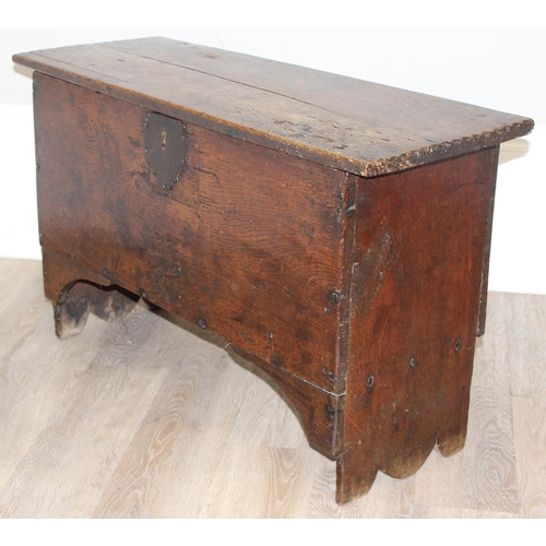 157 - An 18th century 6 plank oak coffer of unusual small proportions, approx 91cm wide x 32cm deep x 55cm... 