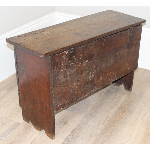 157 - An 18th century 6 plank oak coffer of unusual small proportions, approx 91cm wide x 32cm deep x 55cm... 