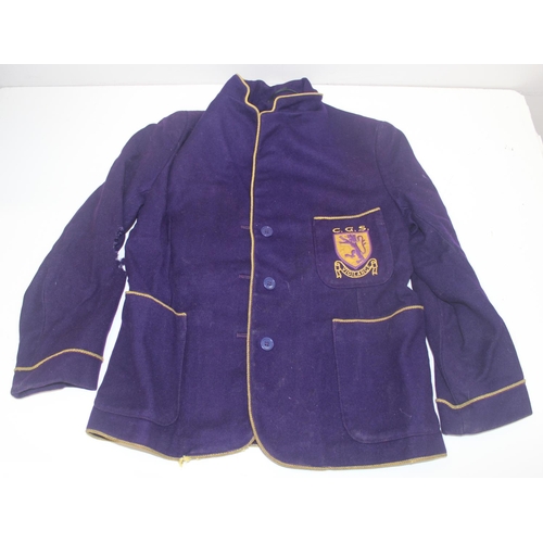 215 - Qty of vintage clothes and other items to include a C.G.S school uniform blazer and a blanket sewn w... 