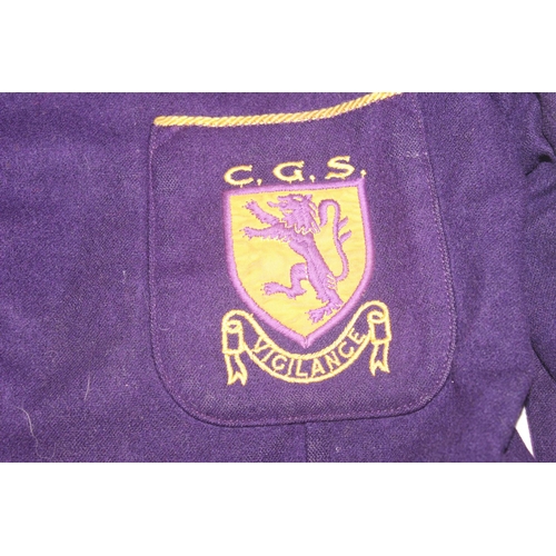 215 - Qty of vintage clothes and other items to include a C.G.S school uniform blazer and a blanket sewn w... 