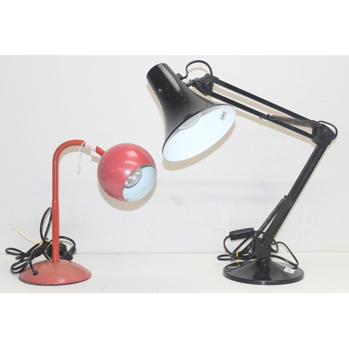 253 - 2 retro style table lamps, black Anglepoise style and red eyeball style, the red lamps approx 34cm t... 