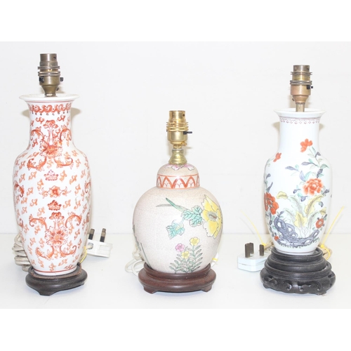 256 - 3 Oriental table lamps with ceramic bodies, the largest approx 33cm tall