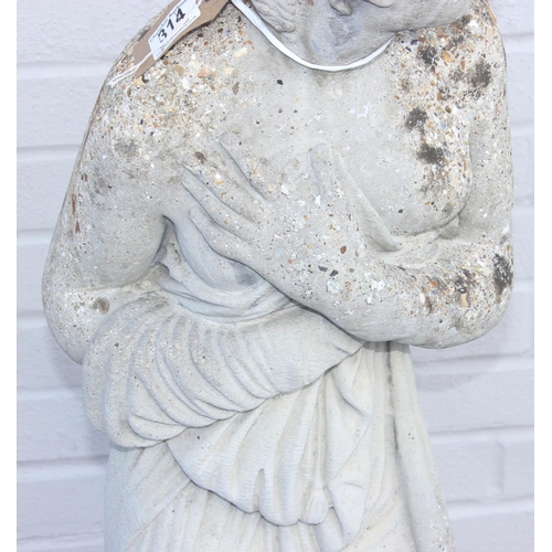 314 - A large weathered concrete garden statue of a semi nude classical female, approx 116cm tall