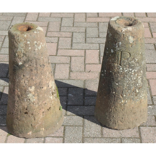 320 - 2 antique carved stone bollards or staddle stone bases, each carved with the letter P, possibly for ... 