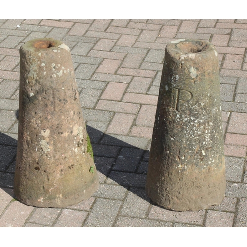 320 - 2 antique carved stone bollards or staddle stone bases, each carved with the letter P, possibly for ... 