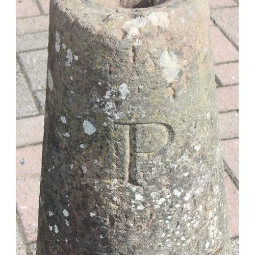 320 - 2 antique carved stone bollards or staddle stone bases, each carved with the letter P, possibly for ... 