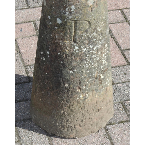 320 - 2 antique carved stone bollards or staddle stone bases, each carved with the letter P, possibly for ... 