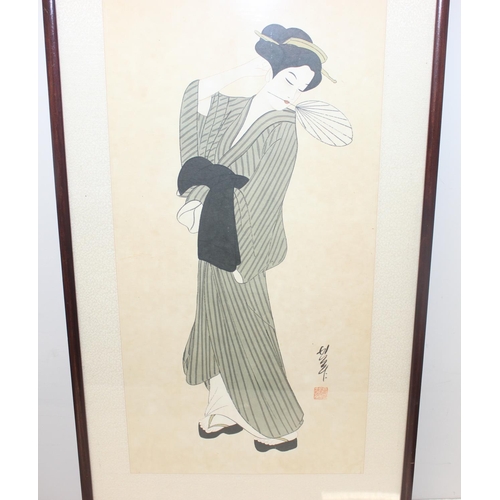 391 - A pair of vintage Japanese coloured prints of Geisha girls, believed to be woodblock prints, framed ... 