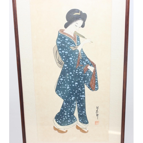 391 - A pair of vintage Japanese coloured prints of Geisha girls, believed to be woodblock prints, framed ... 