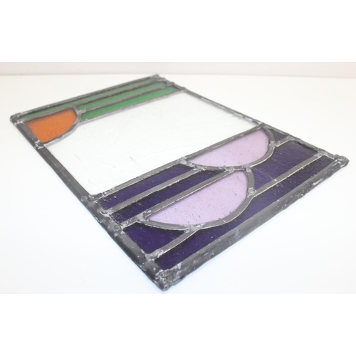 392 - 3 vintage colourful leaded glass panels, one set with a central mirror, the largest approx 47cm x 46... 