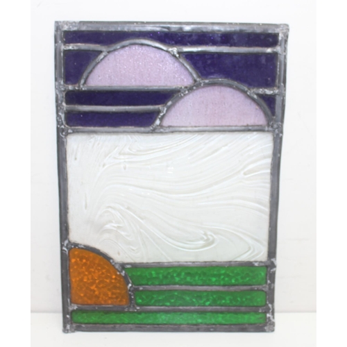 392 - 3 vintage colourful leaded glass panels, one set with a central mirror, the largest approx 47cm x 46... 