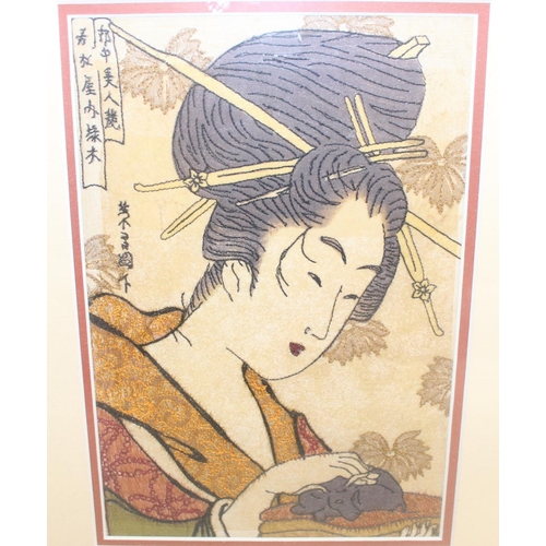 404 - A set of 3 vintage framed needlework pictures after famous Japanese woodblock prints, each approx 40... 