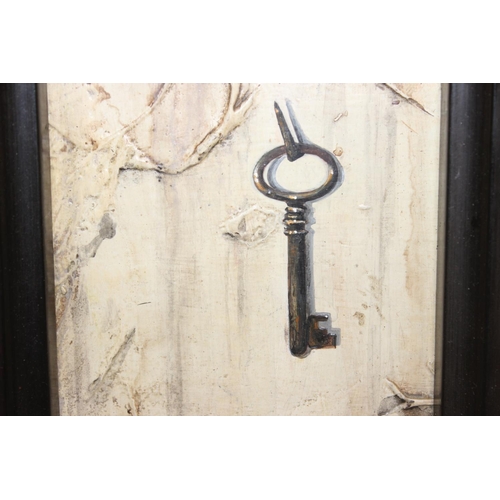 405 - An unusual vintage oil on board of an old iron key hanging on a hook with textured background, 3d or... 