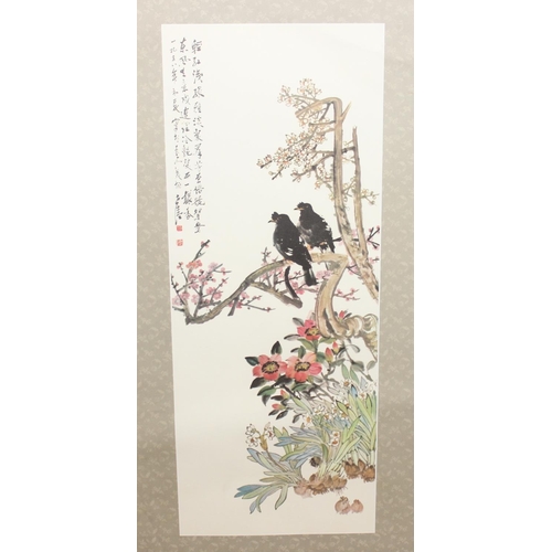 409 - Qty of Oriental prints depicting birds and wild flowers, the largest approx 35cm W x 78cm H