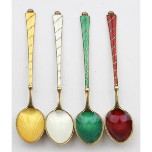 1023 - Danish Silver, a set of 4 harlequin silver gilt and enamel coffee or demitasse spoons, marked for Eg... 