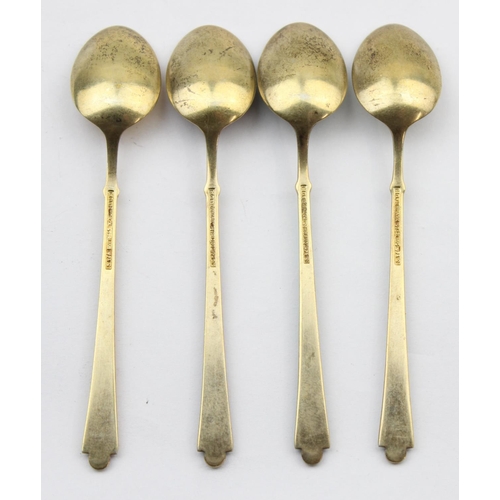 1023 - Danish Silver, a set of 4 harlequin silver gilt and enamel coffee or demitasse spoons, marked for Eg... 