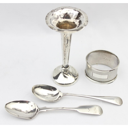 1046 - 4 silver items, 2 silver spoons, a silver napkin ring and a weighted silver bud vase, approx 95.08g ... 