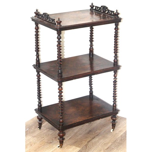 58 - A 19th century walnut whatnot with 3 tiers separated by barley-twist supports, with fretwork gallery... 