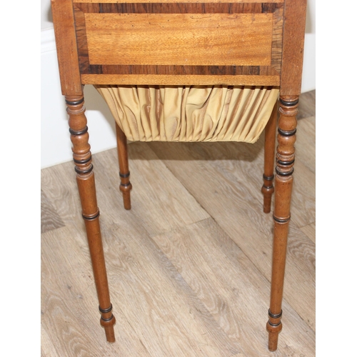 175 - Antique mahogany sewing table with cross banded rosewood inlay, pull out fabric swag basket and draw... 