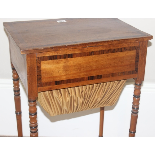 175 - Antique mahogany sewing table with cross banded rosewood inlay, pull out fabric swag basket and draw... 