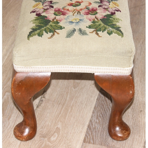 176 - Vintage tapestry topped footstool with cabriole legs, approx 120cm W x 35cm H