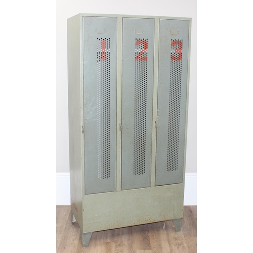 179 - An industrial metal 3 section locker, grey painted and numbered, approx 90cm wide x 50cm deep x 185c... 